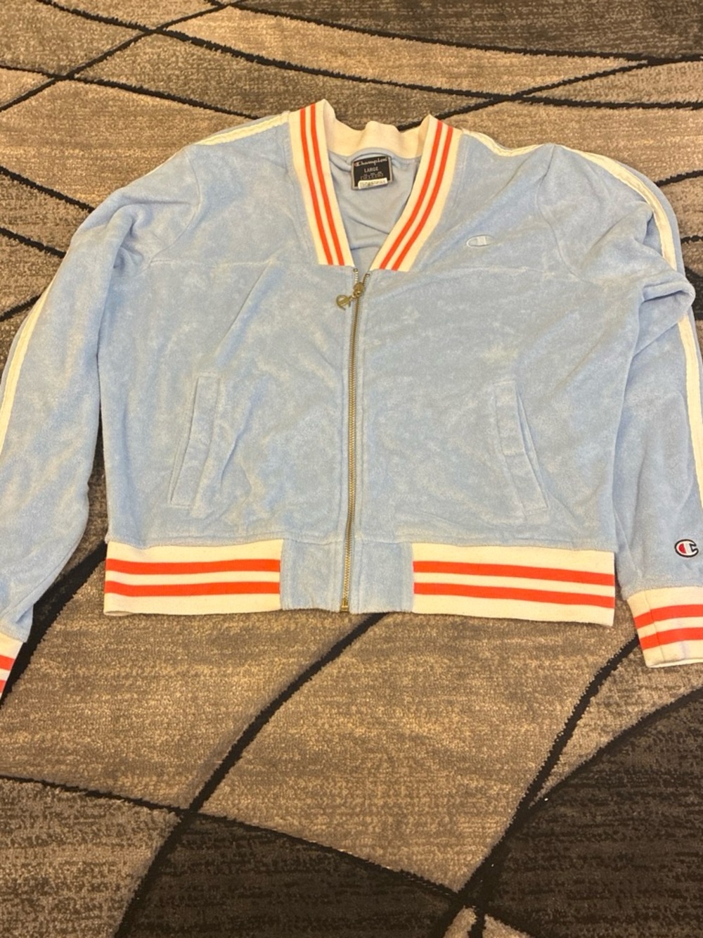 Champion Light Blue Terry Zip-Up Jacket with Orange Stripe Trim